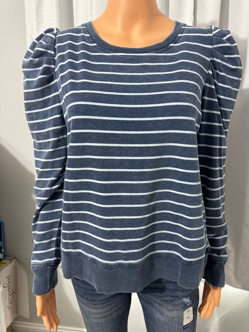 Cute Jane & Delancey size S blue stripe puff long sleeve pullover shirt new